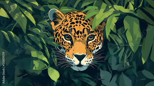 Stealthy jaguar camouflaged in the jungle, elusive spotted predator in its wildlife habitat. Elusive - Spirit. Illustration