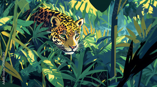 Stealthy jaguar camouflaged in the jungle, elusive spotted predator in its wildlife habitat. Elusive - Spirit. Illustration