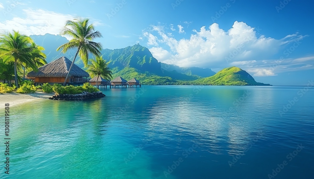 Obraz premium Tranquil Bora Bora lagoon with overwater bungalows along the shoreline