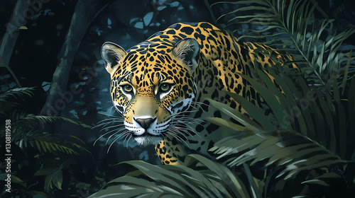 Stealthy jaguar in the jungle, elusive spotted predator wildlife. Elusive - Spirit. Illustration
