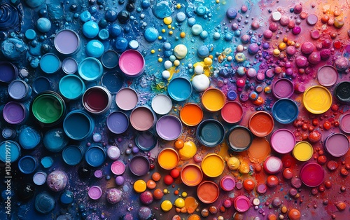 Art studio flat lay with colorful paints, brushes, and paint cans of various hues, splashes, drops, and creative pigments forming a vibrant, artistic background