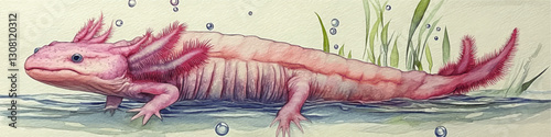 Detailed Vector Illustration of Pink Axolotl in Water with Bubbles and Aquatic Plants, Showcasing Unique Features and Vibrant Colors in a Realistic Style