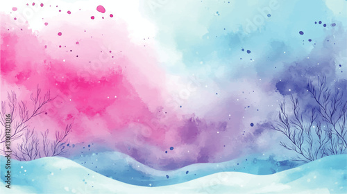 Vibrant Watercolor Winter Landscape with Snowy Hills and Bare Trees Against Pink and Blue Sky Background – Stunning Artistic Vector Illustration