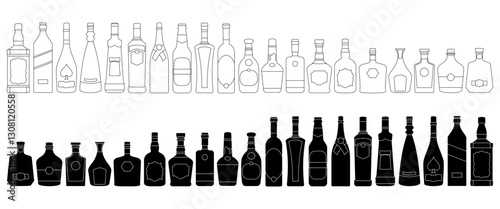 set of bottle silhouettes, alcohol bottles vector, unique bottles.