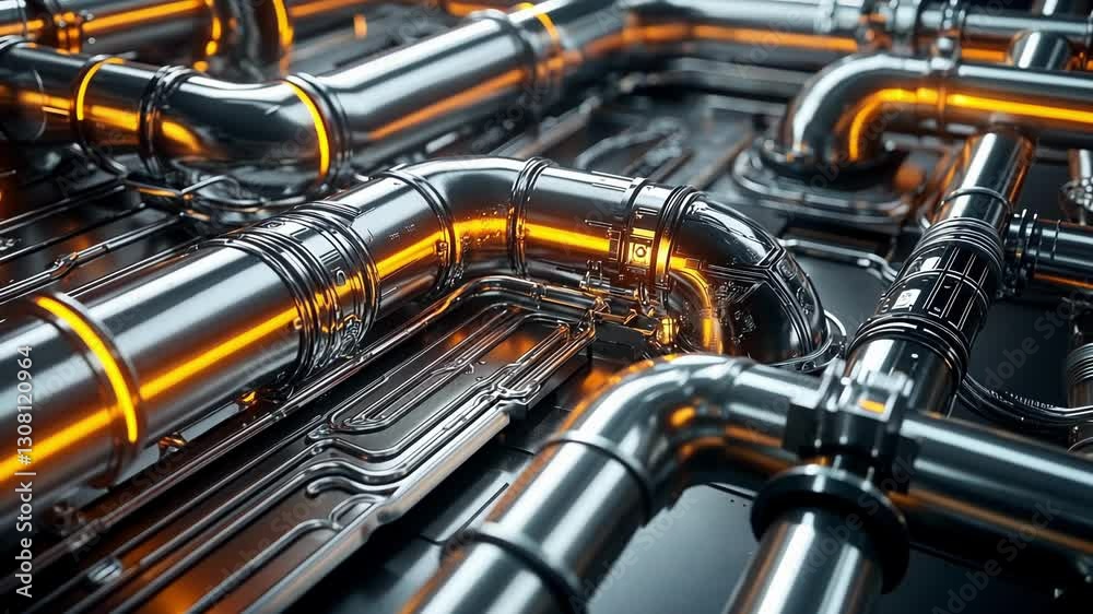 Shiny metallic pipelines with glowing orange lights create a futuristic industrial scene. The intricate network of pipes showcases advanced engineering and modern technology Shiny metallic pipelines with glowing orange lights create a futuristic industrial scene. The intricate network of pipes showcases advanced engineering and modern technology