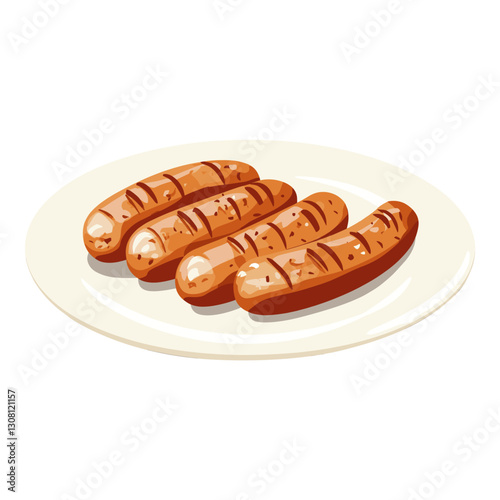 Grilled sausages in a plate illustration white food vector