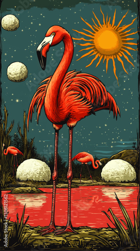 Vibrant Flamingo Illustration by Lake with Surreal Sun and Cosmic Background - Tropical Wildlife Art in Psychedelic Night Sky with Exotic Birds and Nature Elements