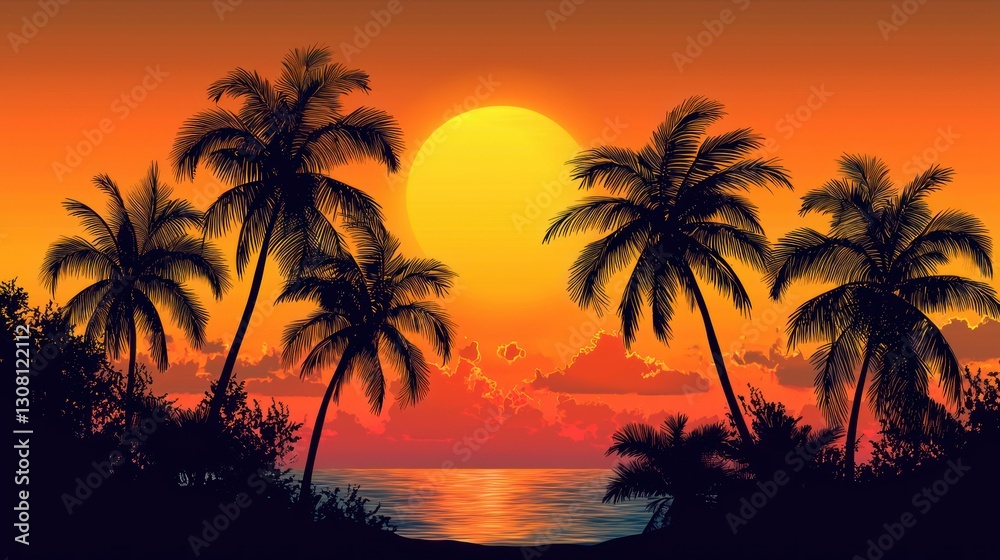 A sunset scene with palm trees silhouetted against an orange horizon. A sunset scene with palm trees silhouetted against an orange horizon.