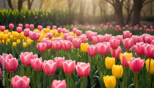 A colorful garden filled with blooming tulips in various shades of pink, yellow, and red. for spring concept