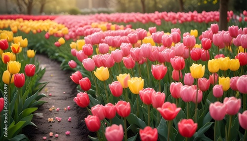 A colorful garden filled with blooming tulips in various shades of pink, yellow, and red. for spring concept