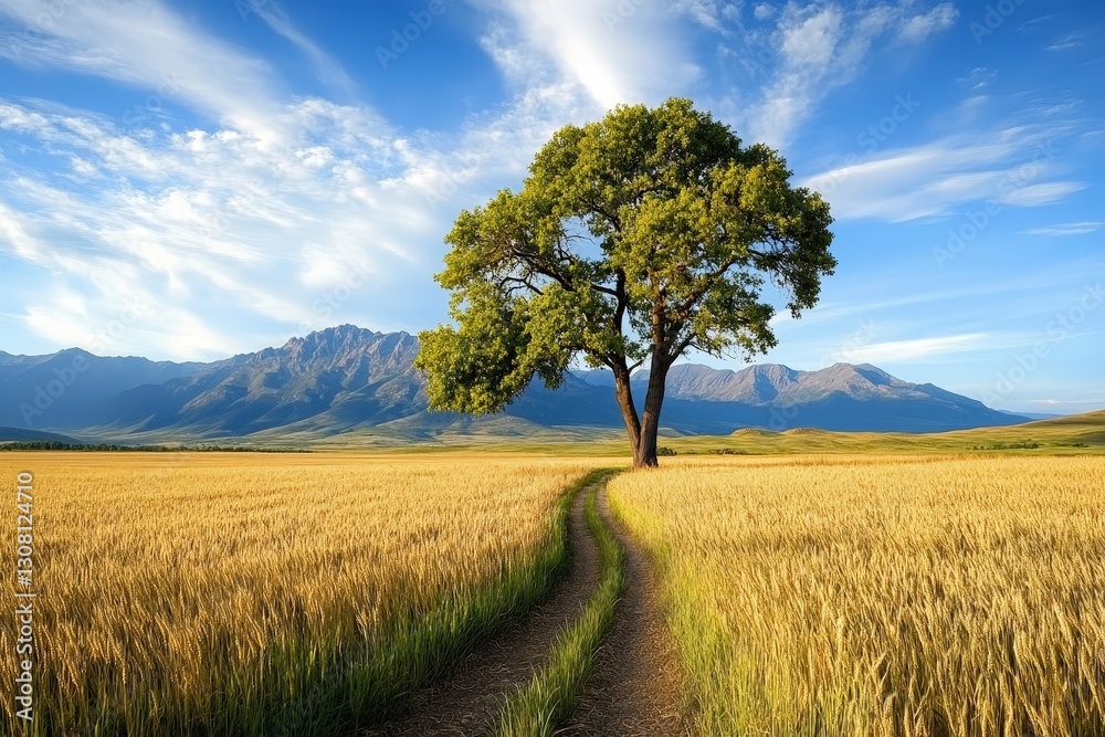 Fototapeta premium Majestic Tree in Golden Wheat Field Under Bright Blue Sky with Mountains in Background