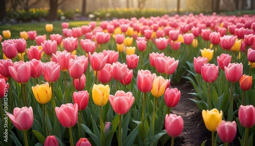 A colorful garden filled with blooming tulips in various shades of pink, yellow, and red. for spring concept