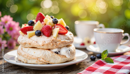 Delicious meringue dessert with fresh fruits on wooden table