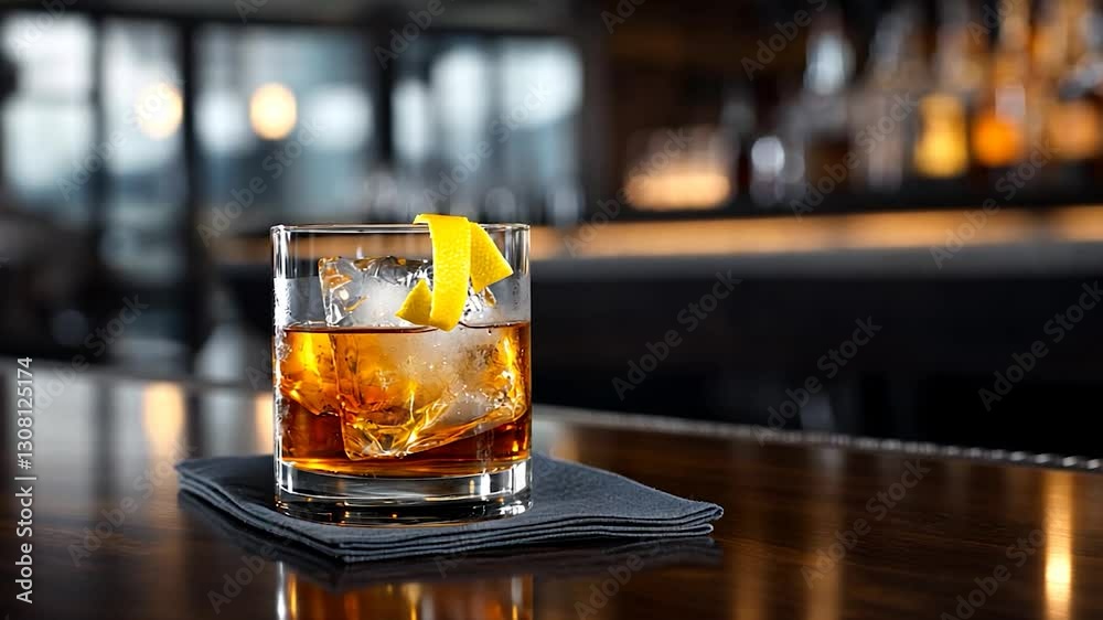 Whiskey Old Fashioned Cocktail on Bar Counter Whiskey Old Fashioned Cocktail on Bar Counter