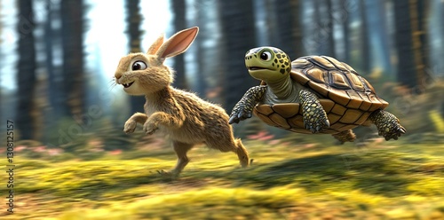 Rabbit and tortoise race through forest; playful woodland scene
