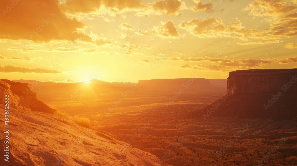 Naklejka premium A tranquil scene of Monument Valley bathed in the radiant light of a breathtaking sunset