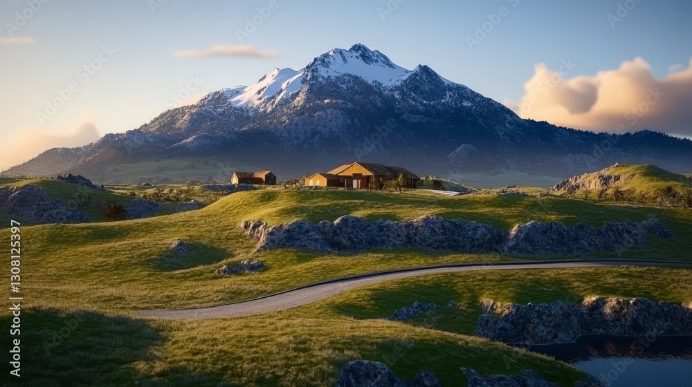 Fototapeta premium Tranquil Mountain Landscape with Green Rolling Hills and Rustic Houses Under Scenic Sky