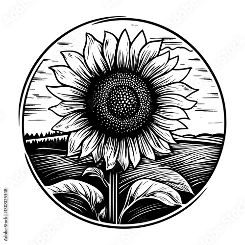 Sunflower field sunflower illustration linocut vector