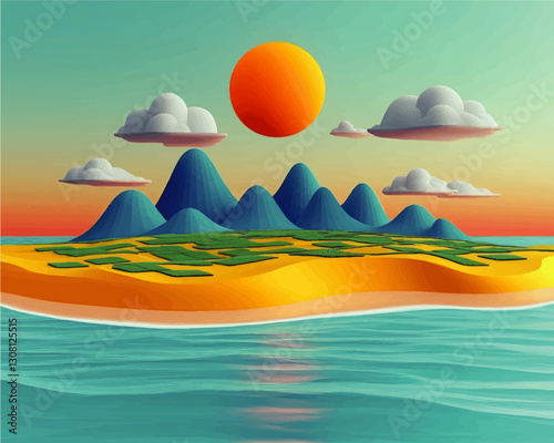 Stunning Vector Illustration of Tropical Seaside Landscape with Rolling Hills, Vibrant Orange Sun, Serene Azure Sea, and Fluffy White Clouds Under a Peaceful Sky