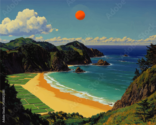 Scenic Coastal Vector Illustration of Golden Beach and Azure Ocean with Rocky Cliffs and Verdant Fields Under Vibrant Orange Sun and Azure Blue Sky