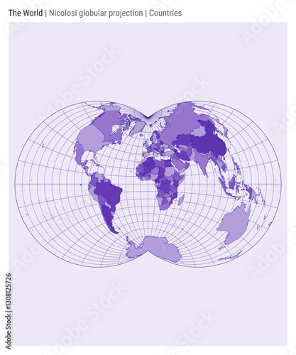 World Map. Nicolosi globular projection. Countries style. High Detail World map for infographics, education, reports, presentations. Vector illustration.