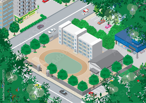 新緑の葉が茂る校舎のイラスト. アイソメ図.