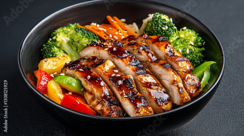 Grilled chicken with teriyaki sauce and vegetables in a black bowl on a dark background, generative AI