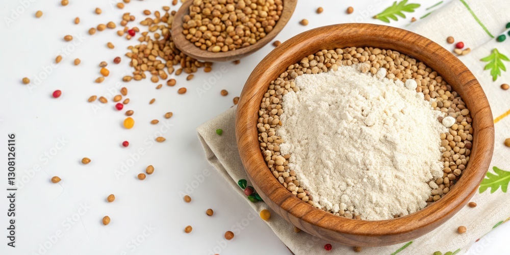 Buckwheat Kernels and Flour in Wooden Bowl - Rustic Architectural Photography Buckwheat Kernels and Flour in Wooden Bowl - Rustic Architectural Photography