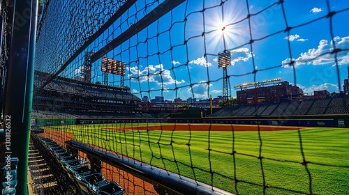 Sunny Baseball Stadium View Through Net
