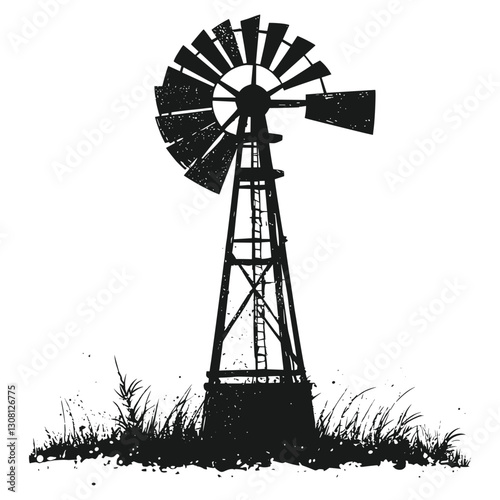 Rustic windmill silhouette illustration vintage black vector