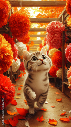 Adorable Kitten in Autumn Garden with Vibrant Pom-Pom Decorations and Falling Leaves | Cute Cat Vector Illustration for Fall Seasonal Inspiration and Decor