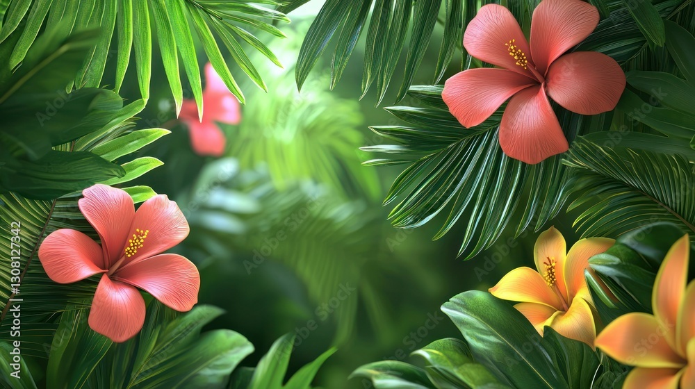 Fototapeta premium A tropical tree background with vibrant green leaves and exotic flowers.