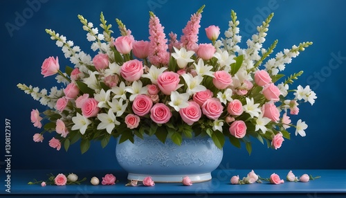 A vibrant display of pink and white flowers arranged beautifully against a blue backdrop, perfect for celebrating the spring season