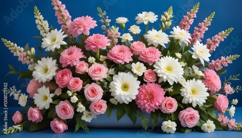 A vibrant display of pink and white flowers arranged beautifully against a blue backdrop, perfect for celebrating the spring season