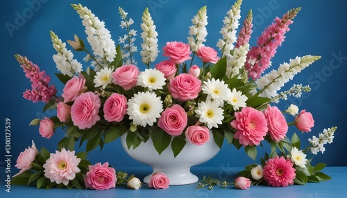 A vibrant display of pink and white flowers arranged beautifully against a blue backdrop, perfect for celebrating the spring season
