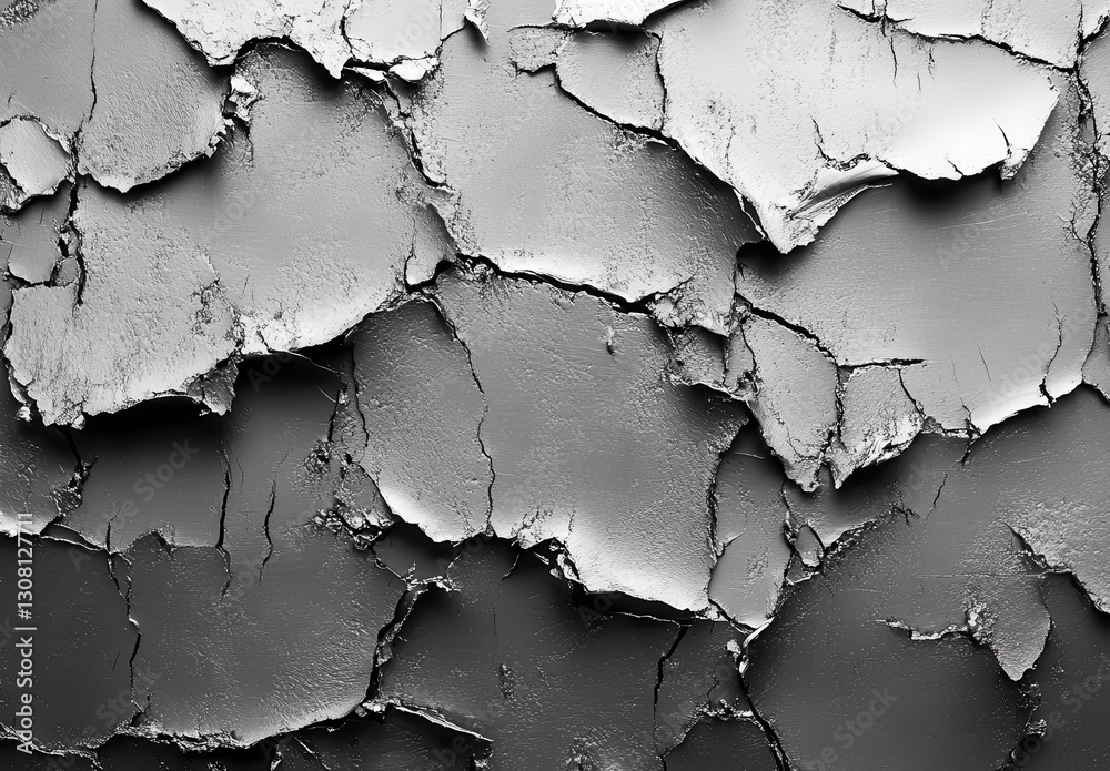 Cracked and Peeling Surface Texture in Monochrome Shades of Grey Showing Layers of Paint and Material Degradation for Artistic and Design Use Cracked and Peeling Surface Texture in Monochrome Shades of Grey Showing Layers of Paint and Material Degradation for Artistic and Design Use