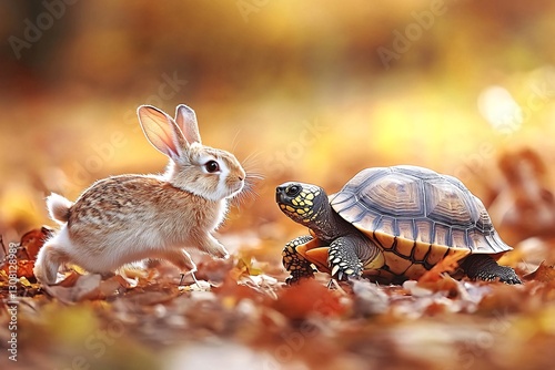 Fototapeta Naklejka Na Ścianę i Meble -  Rabbit and turtle encounter in autumn forest; fall foliage background. Ideal for children's book illustration