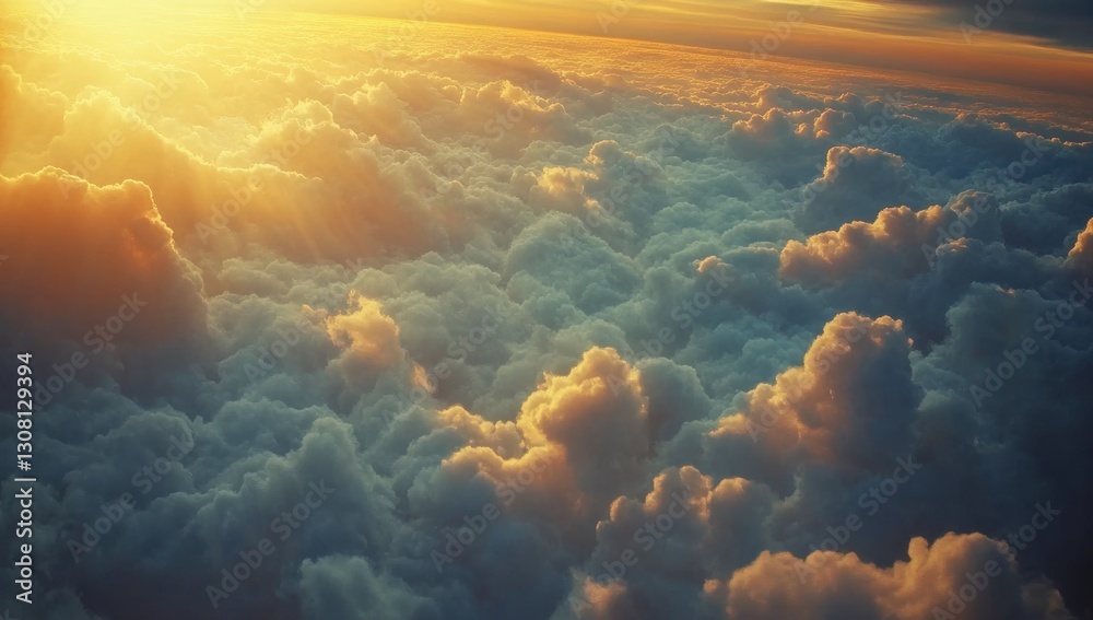 Golden sunset rays illuminating a vast expanse of fluffy clouds from an aerial perspective. Golden sunset rays illuminating a vast expanse of fluffy clouds from an aerial perspective.