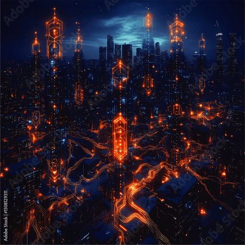 Futuristic Cyberpunk Cityscape with Neon Orange Circuitry and Skyscrapers in Nighttime Urban Setting - Science Fiction Digital Art Vector Illustration