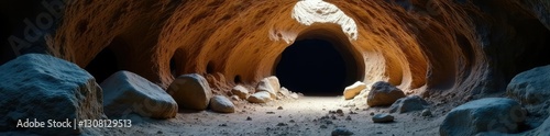 Darkened cave entrance with ancient fossils exposed, shadows, prehistoric