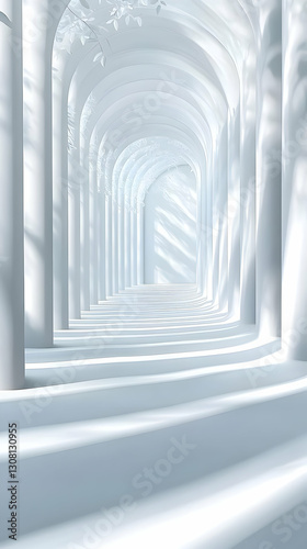 White archway tunnel, sunlight, serene