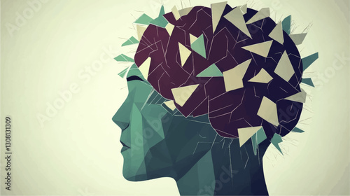 Abstract Geometric Brain Vector Art - Human Side Profile with Low Poly Head and Mind, Conceptual Modern Digital Illustration on Psychology and Creativity