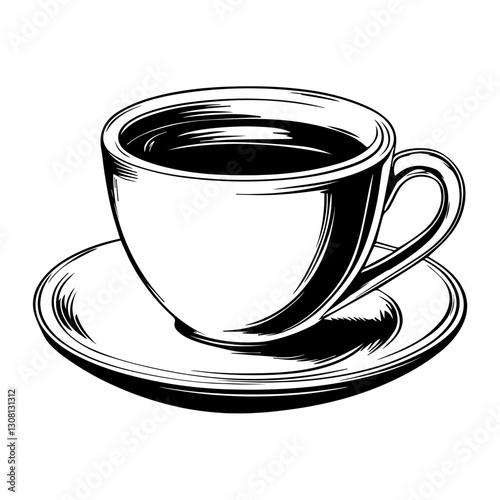 Simple hot cappuccino cup linear illustration saucer coffee vector