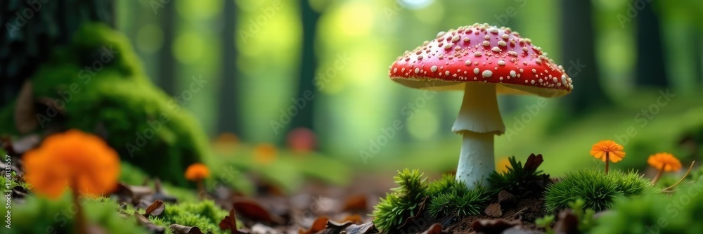 Fototapeta premium Fly agaric on forest ground with forest trees, tree, woods