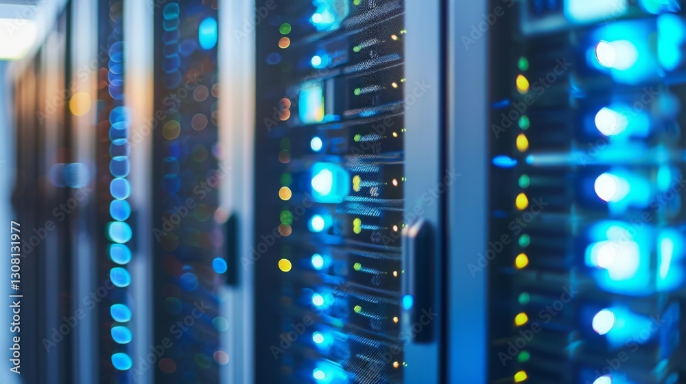 Close-up of a secure telecom server room with glowing blue lights, showcasing advanced cybersecurity technology and data protection infrastructure. Close-up of a secure telecom server room with glowing blue lights, showcasing advanced cybersecurity technology and data protection infrastructure.