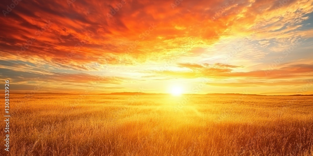 A wide-open field with the sky awash in intense shades of orange and red during sunset A wide-open field with the sky awash in intense shades of orange and red during sunset