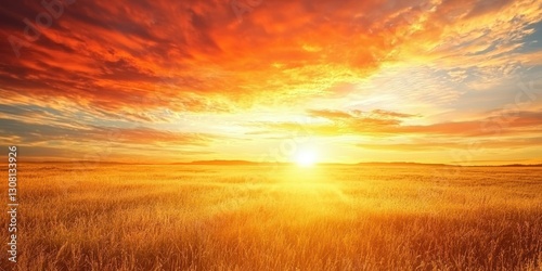 A wide-open field with the sky awash in intense shades of orange and red during sunset photo