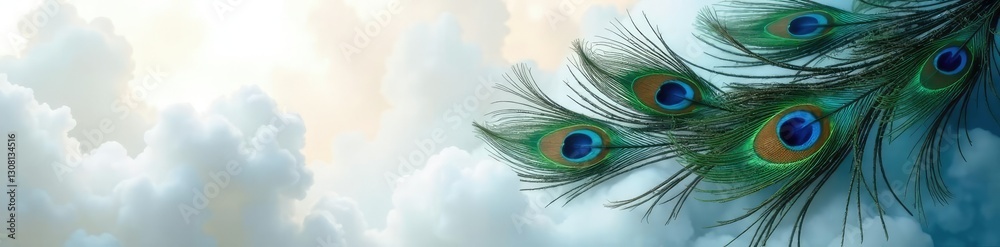 Obraz premium Peacock feathers blending into a soft white textured cloud with wispy tendrils, light, white, natural