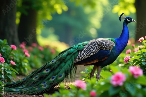 Peacock's majestic form amidst flowers and foliage, vegetation, wildlife, greenery