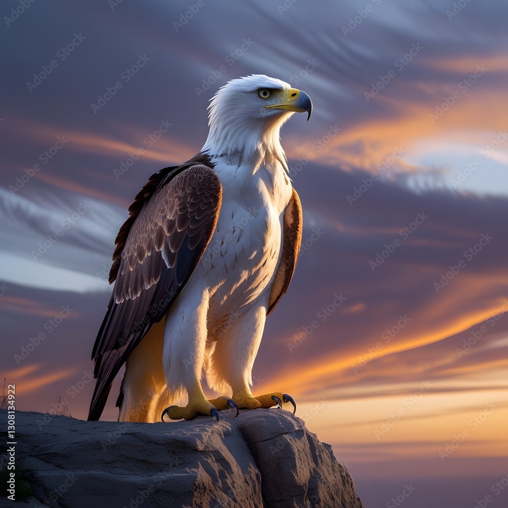 Fototapeta premium A white-headed eagle stands proudly on a cliff with the sunset in the background.